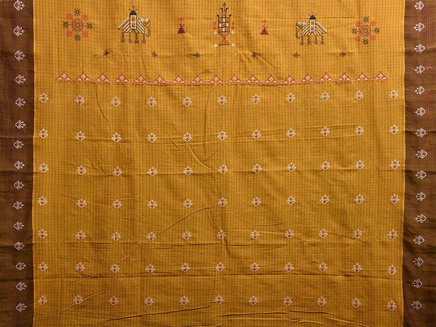 Olive Narayanpet Cotton Handloom Saree with Kasuti Work and Checks Design o0671