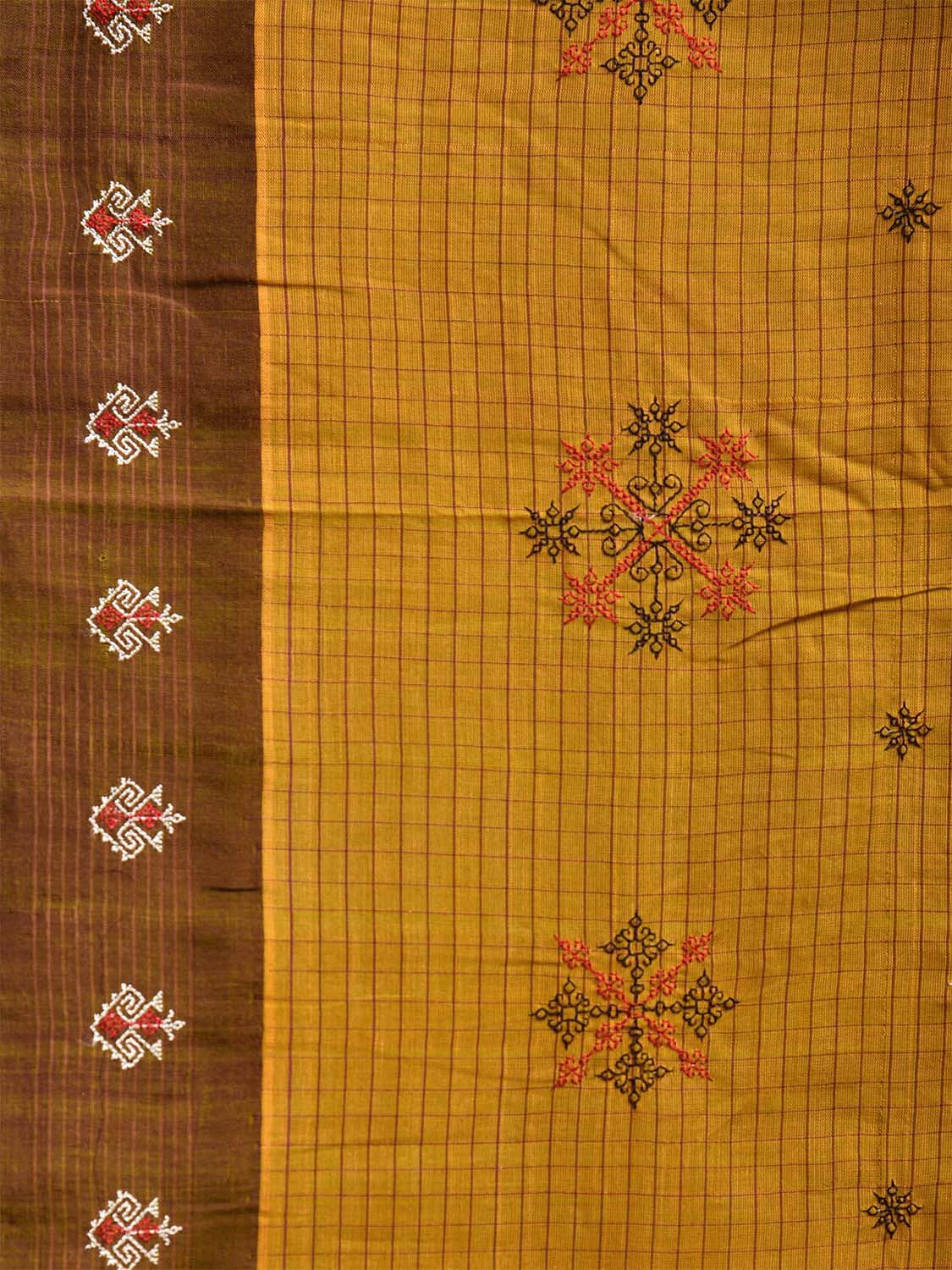 Olive Narayanpet Cotton Handloom Saree with Kasuti Work and Checks Design o0671