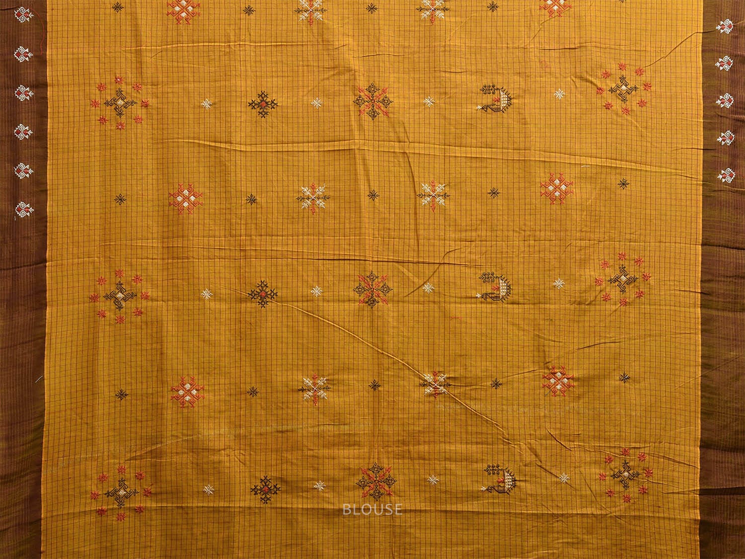 Olive Narayanpet Cotton Handloom Saree with Kasuti Work and Checks Design o0671