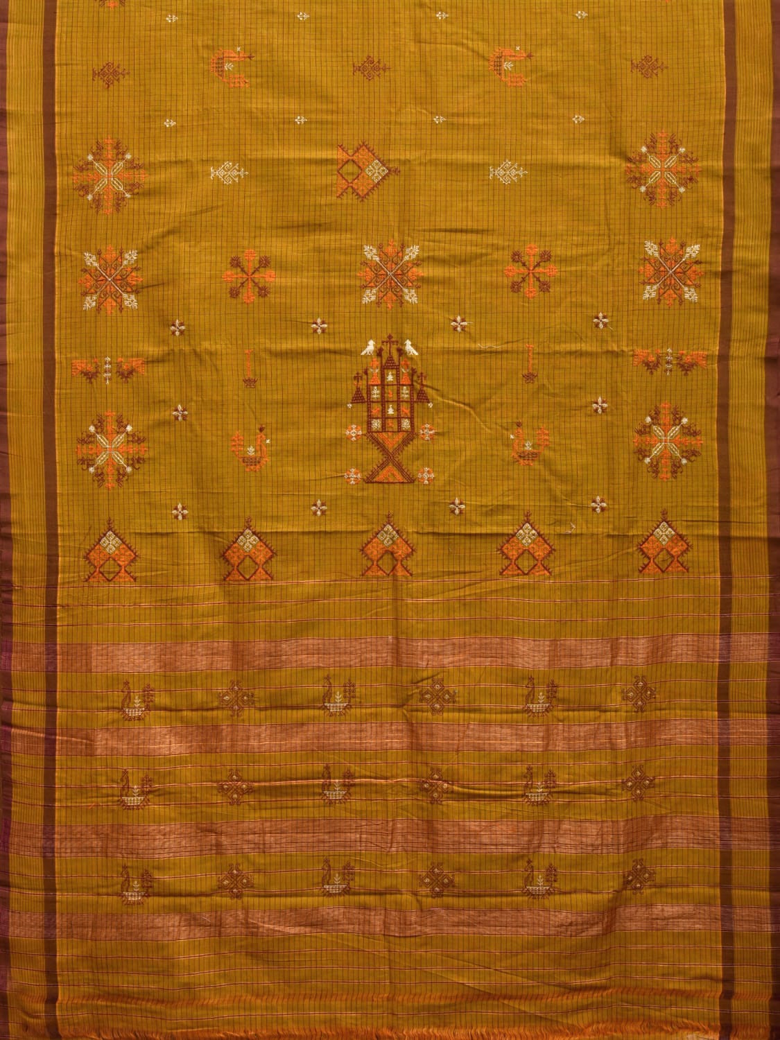 Olive Narayanpet Cotton Handloom Saree with Kasuti Work Design o0458