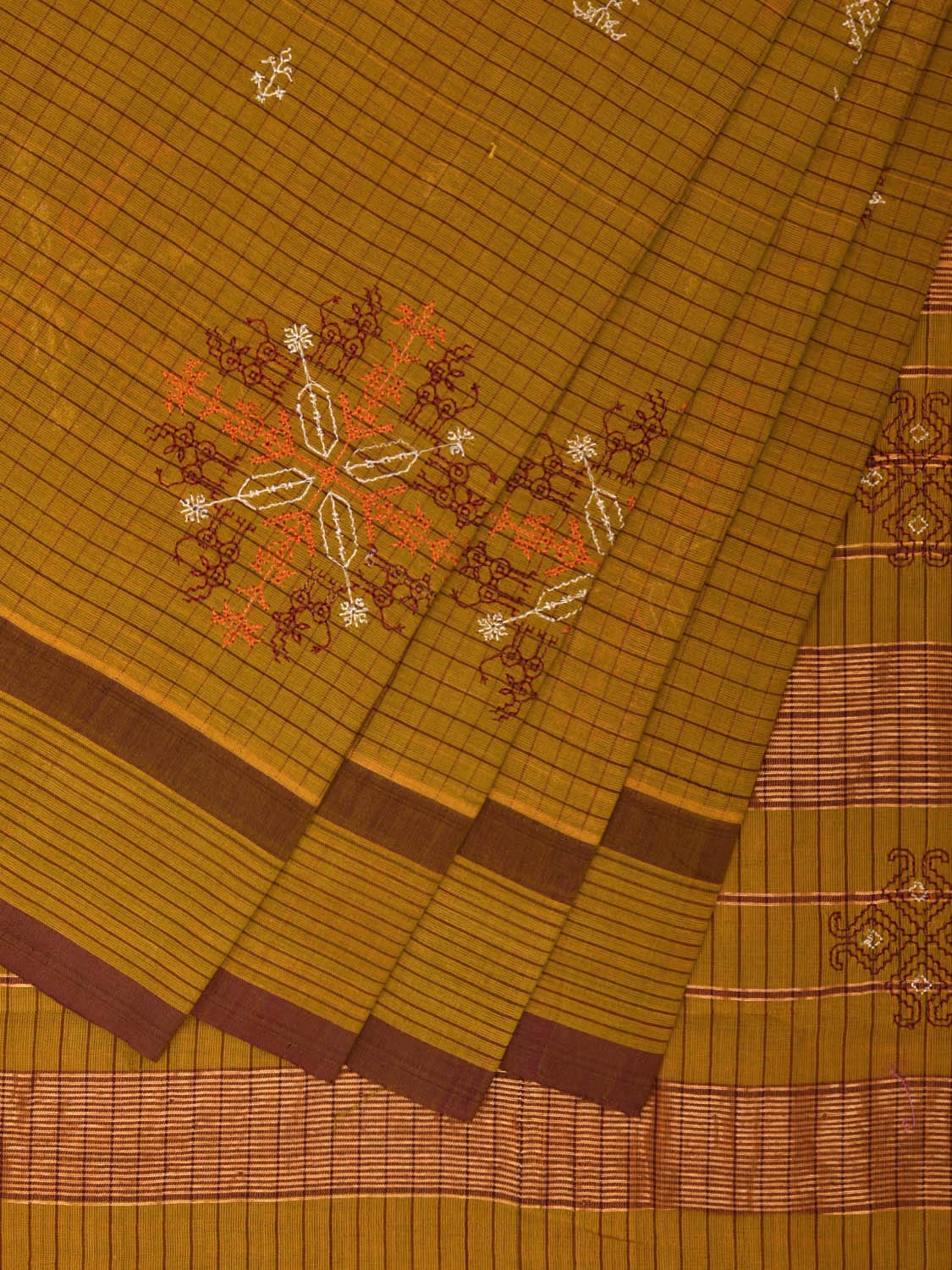 Olive Narayanpet Cotton Handloom Saree with Kasuti Work Design o0458