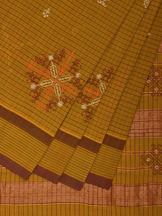 Olive Narayanpet Cotton Handloom Saree with Kasuti Work Design o0458