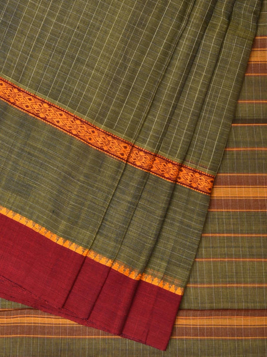 Olive Narayanpet Cotton Handloom Saree with One Side Big Border Design No Blouse np0789