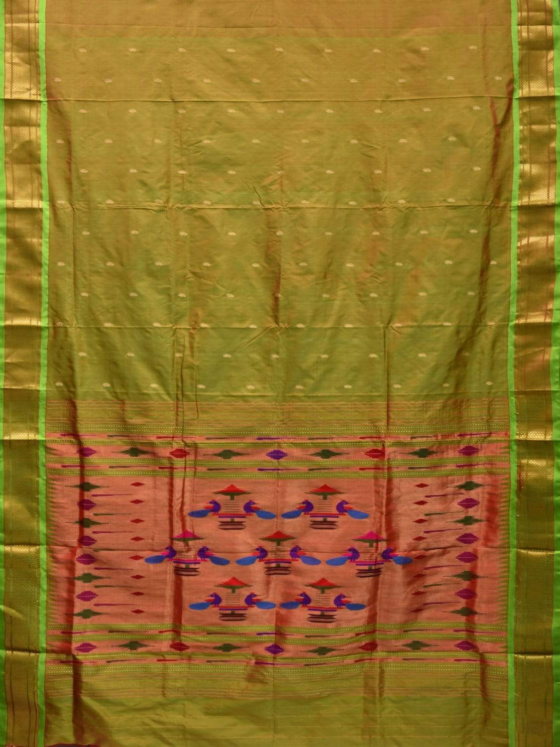 Olive Paithani Silk Handloom Saree with Double Pallu Design p0397