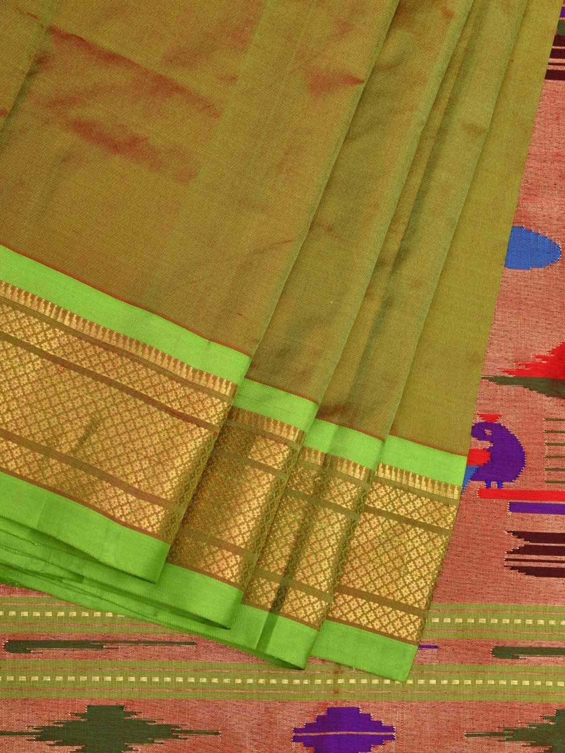 Olive Paithani Silk Handloom Saree with Double Pallu Design p0397