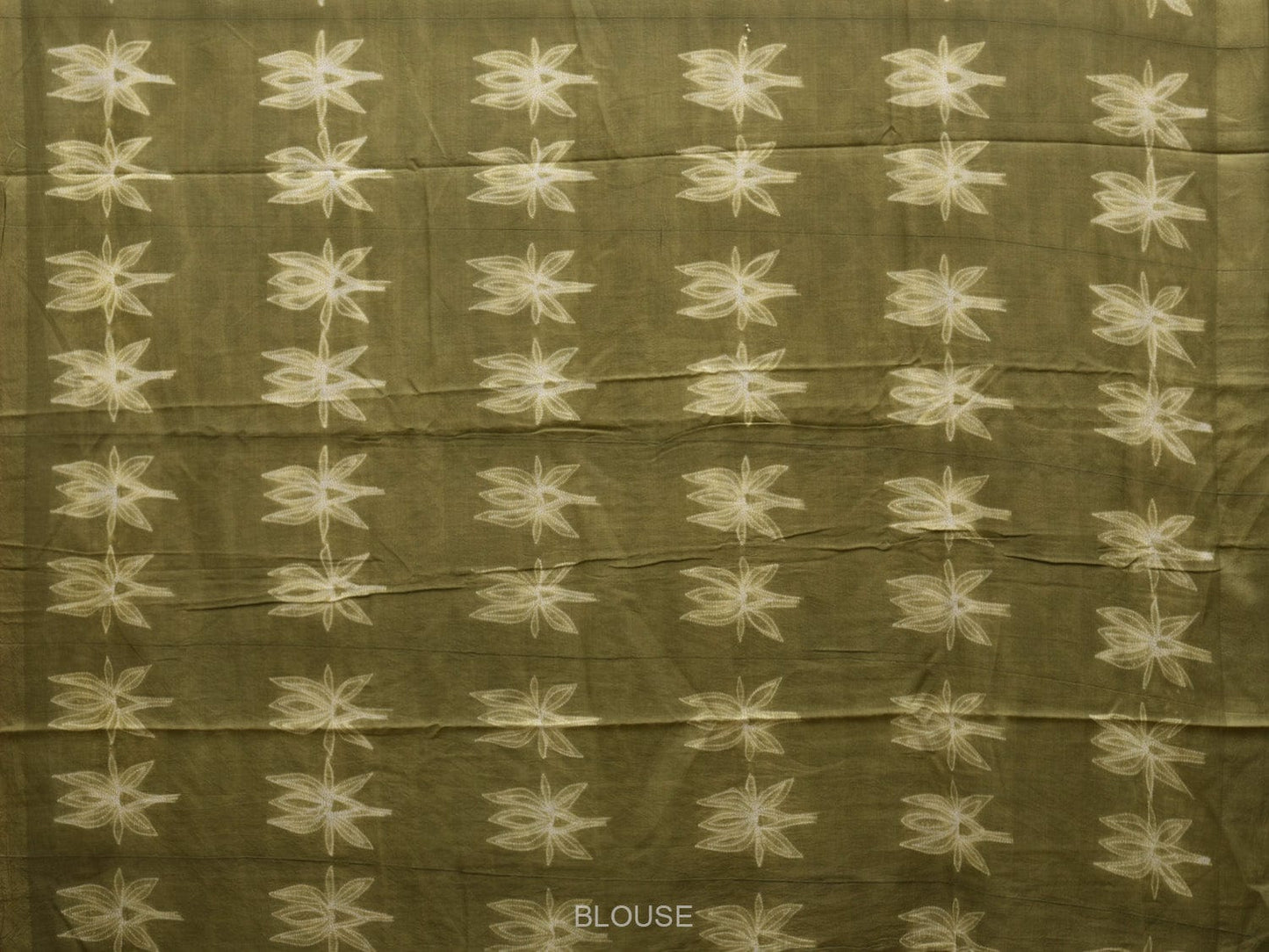 Olive Shibori Print Cotton Handloom Saree with Lotus Flowers Pattern o0326