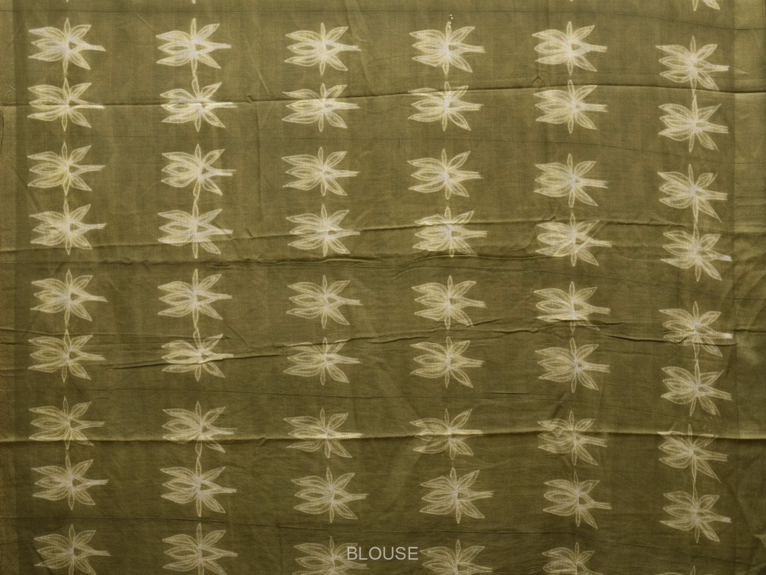 Olive Shibori Print Cotton Handloom Saree with Lotus Flowers Pattern o0326