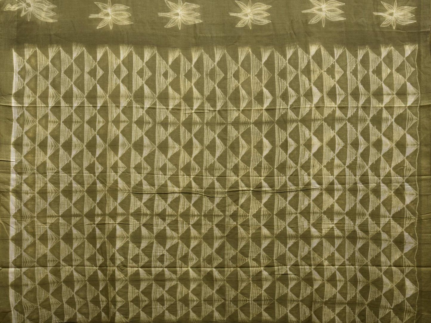 Olive Shibori Print Cotton Handloom Saree with Lotus Flowers Pattern o0326