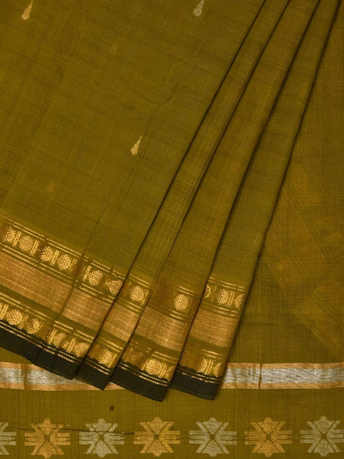Olive Uppada Cotton Handloom Saree with Karpur Pallu Design u1775