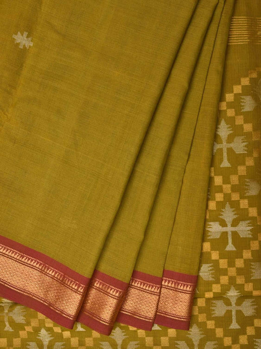 Olive Uppada Cotton Handloom Saree with Pallu and Ganga-Jamuna Border Design u1764