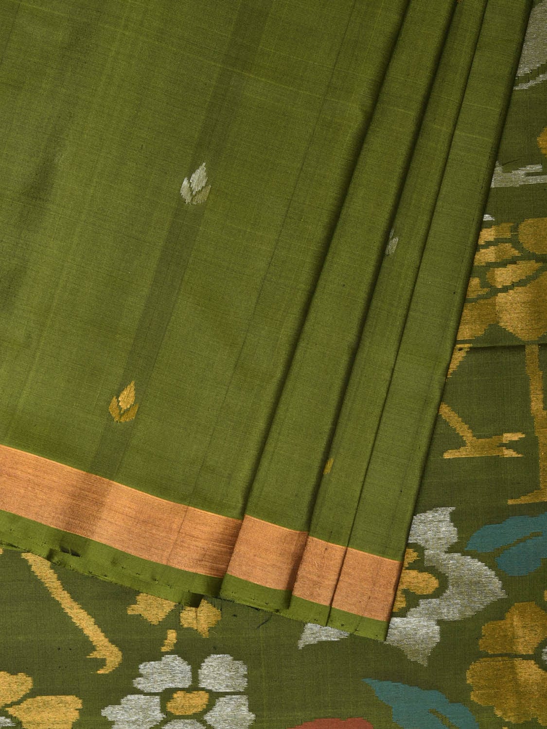 Olive Uppada Silk Handloom Saree with Floral and Birds Pallu Design u2072