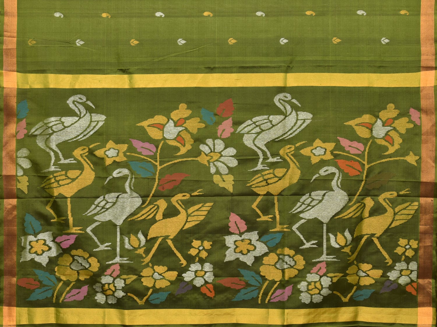 Olive Uppada Silk Handloom Saree with Floral and Birds Pallu Design u2072