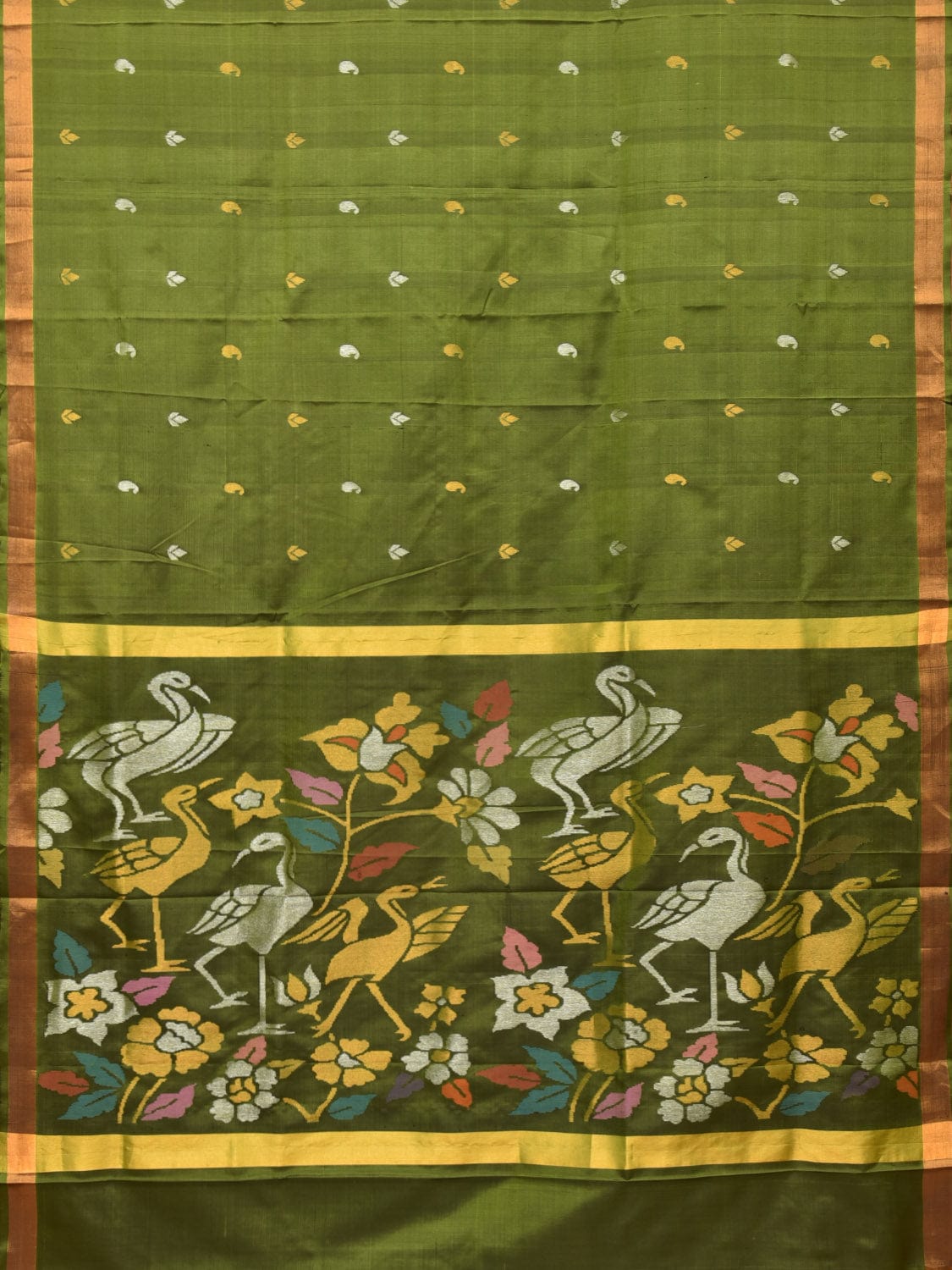 Olive Uppada Silk Handloom Saree with Floral and Birds Pallu Design u2072