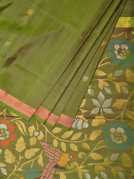 Olive Uppada Silk Handloom Saree with Floral and Parrot Pallu Design u2012