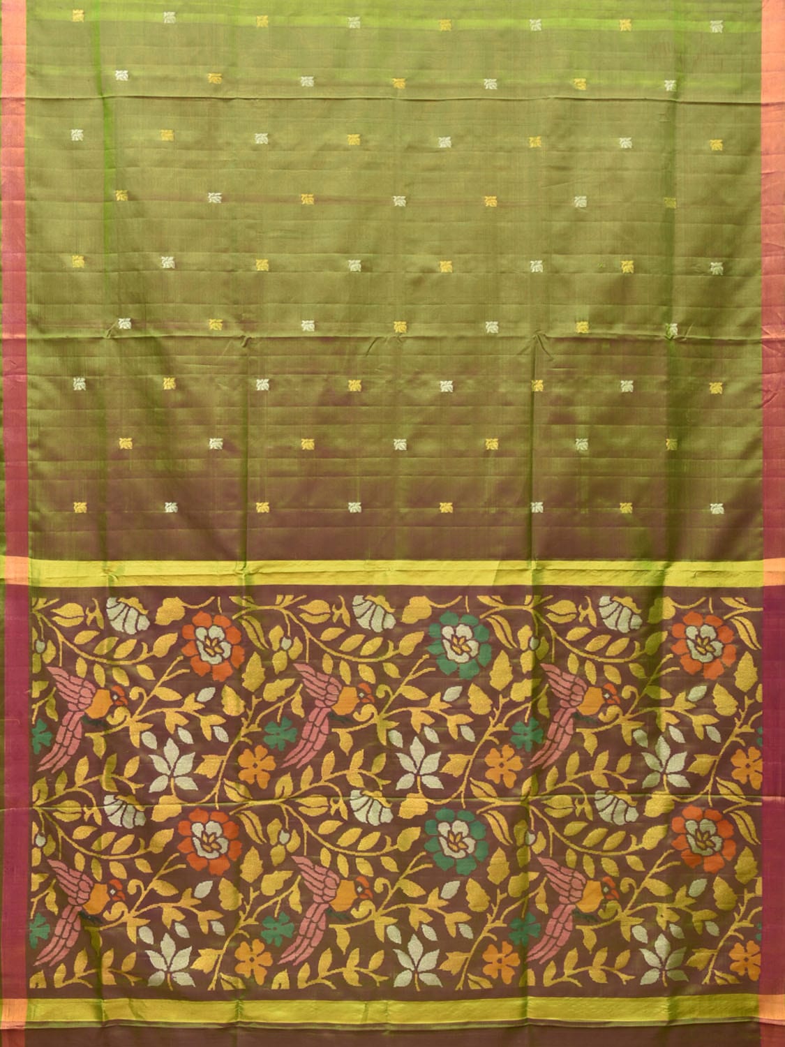 Olive Uppada Silk Handloom Saree with Floral and Parrot Pallu Design u2012