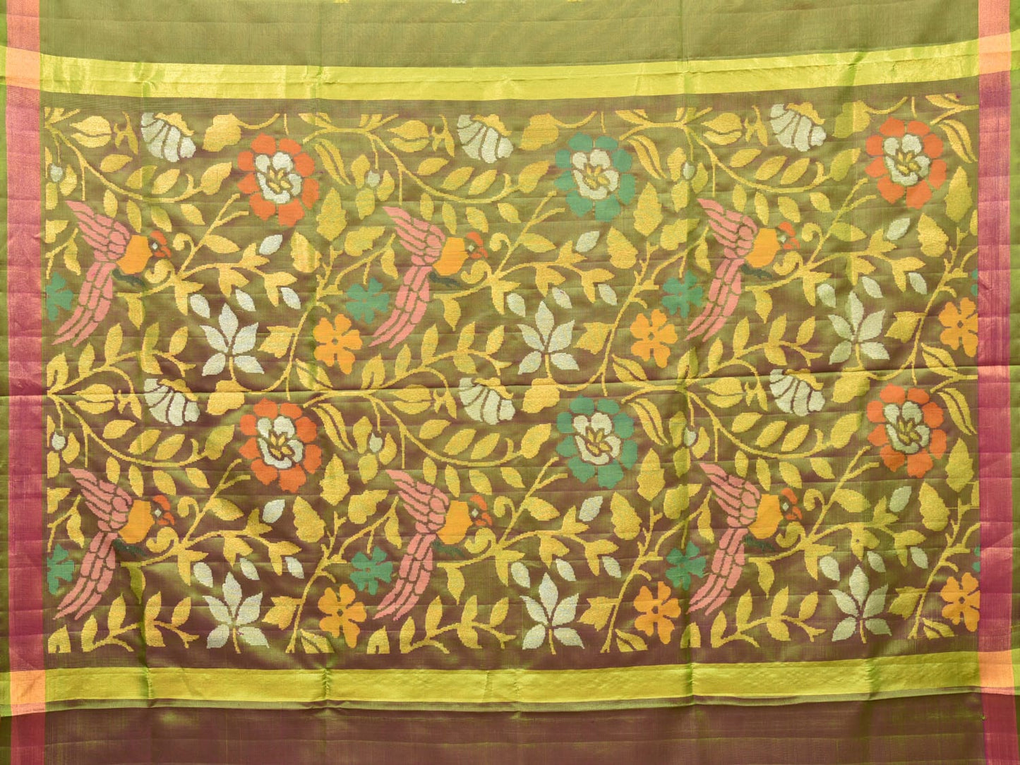 Olive Uppada Silk Handloom Saree with Floral and Parrot Pallu Design u2012