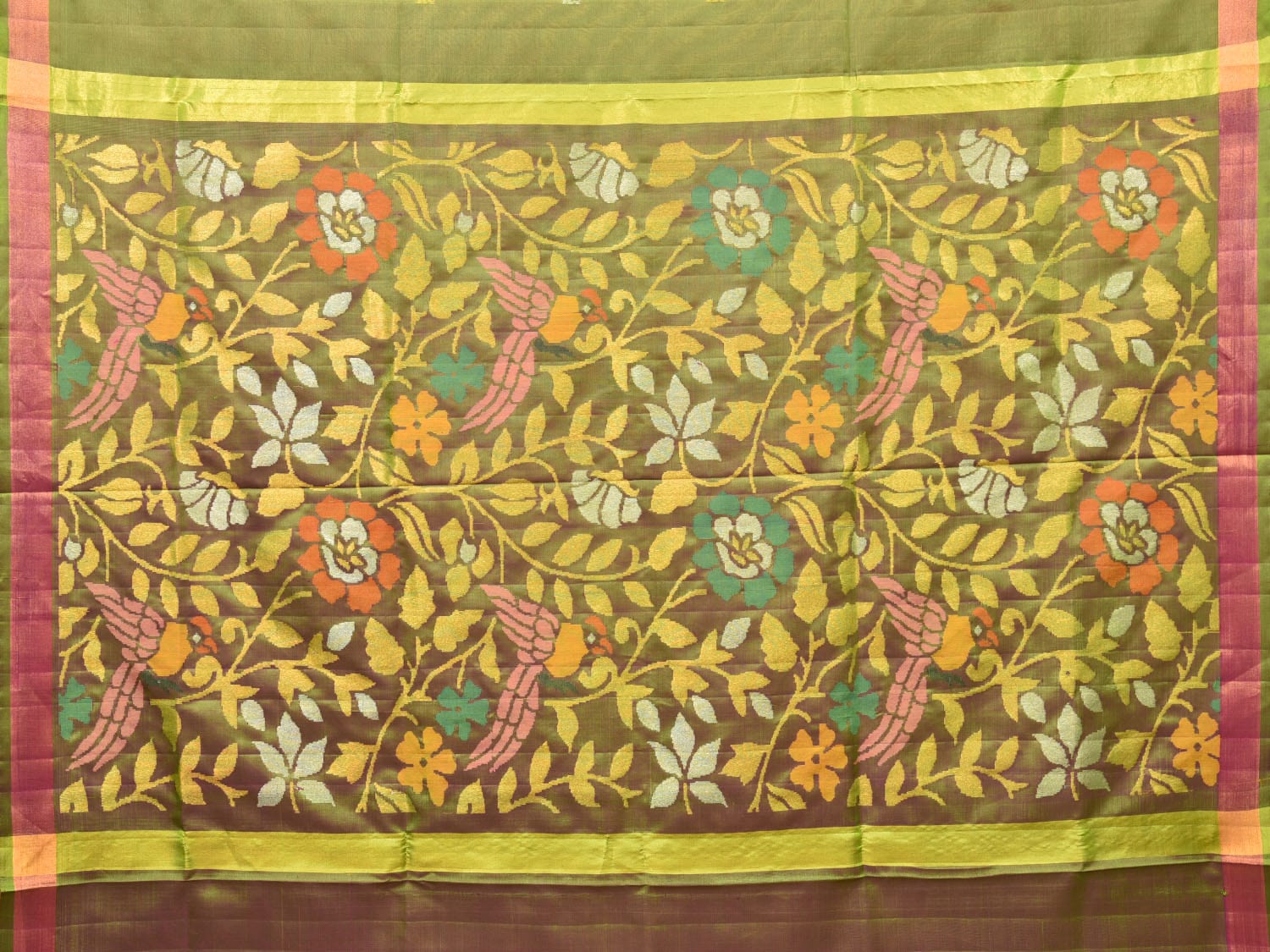 Olive Uppada Silk Handloom Saree with Floral and Parrot Pallu Design u2012