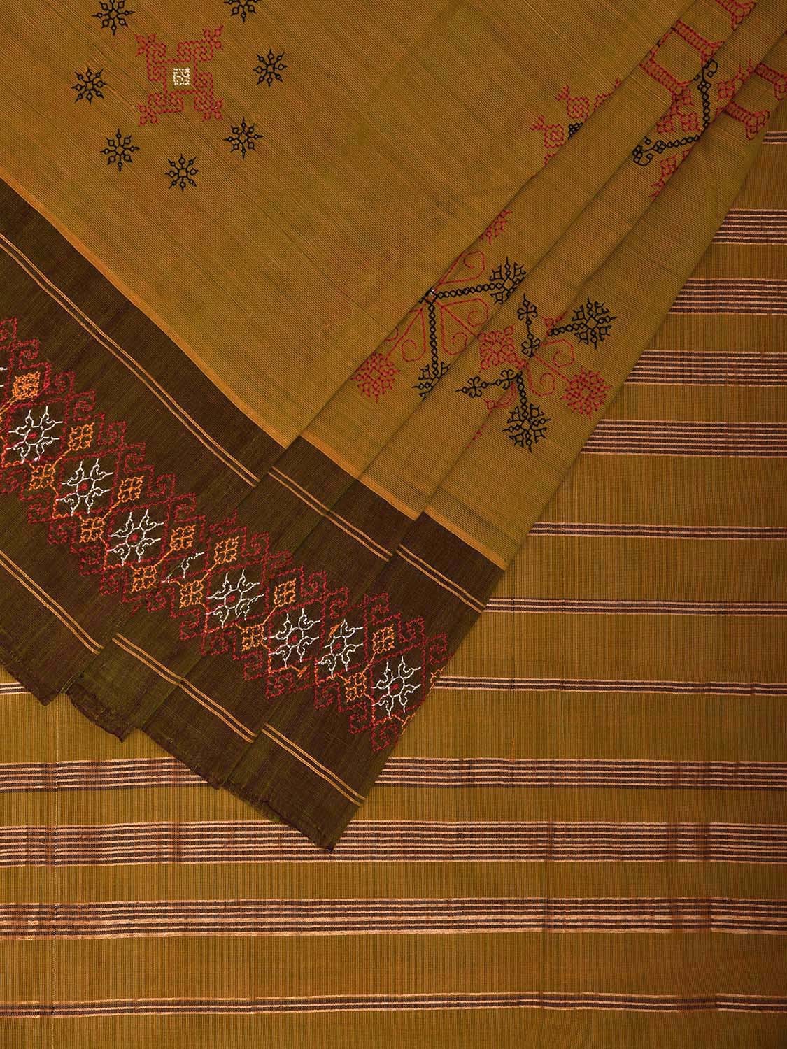 Olive Venkatagiri Cotton Handloom Saree with Kasuti Work and Strips Pallu Design No Blouse o0668