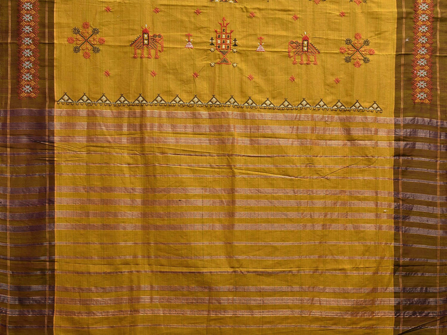 Olive Venkatagiri Cotton Handloom Saree with Kasuti Work and Strips Pallu Design No Blouse o0668