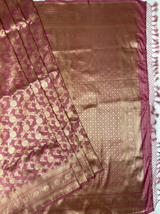 Onion Pink Banaras Katan Silk Saree with Rich Zari Border and Floral Design b0079ds