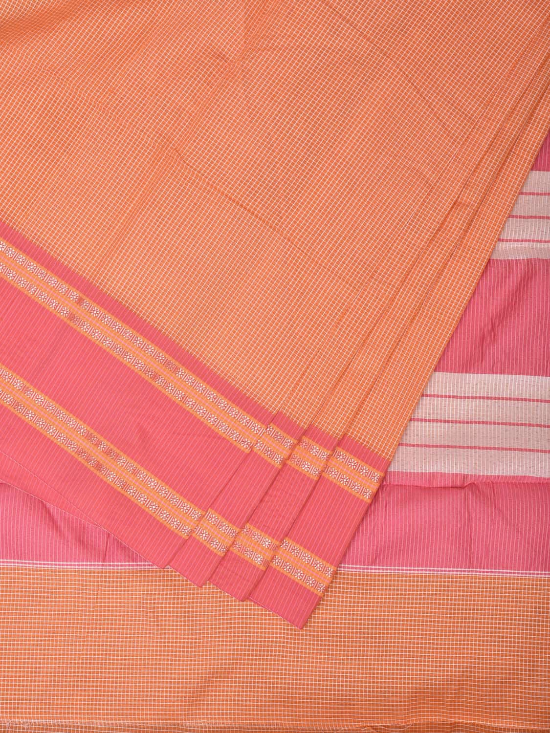 Orange and Baby Pink Bamboo Cotton Saree with Small Checks Design No Blouse bc0178