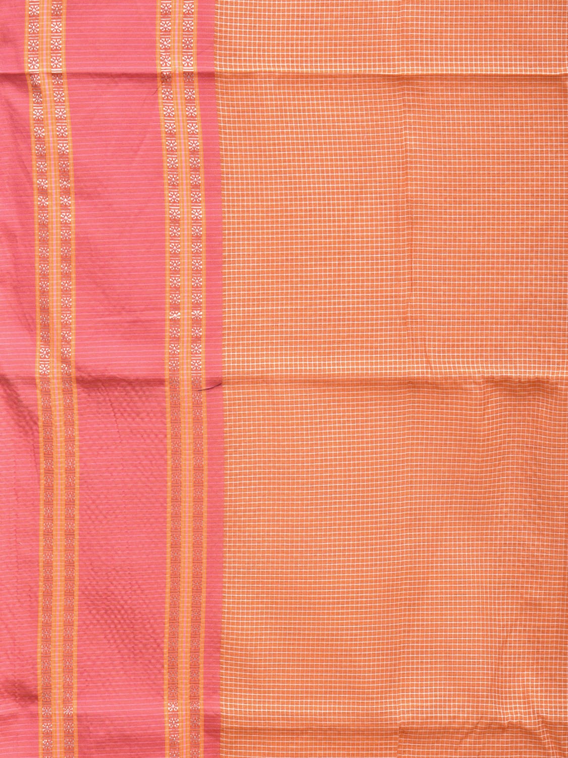 Orange and Baby Pink Bamboo Cotton Saree with Small Checks Design No Blouse bc0178