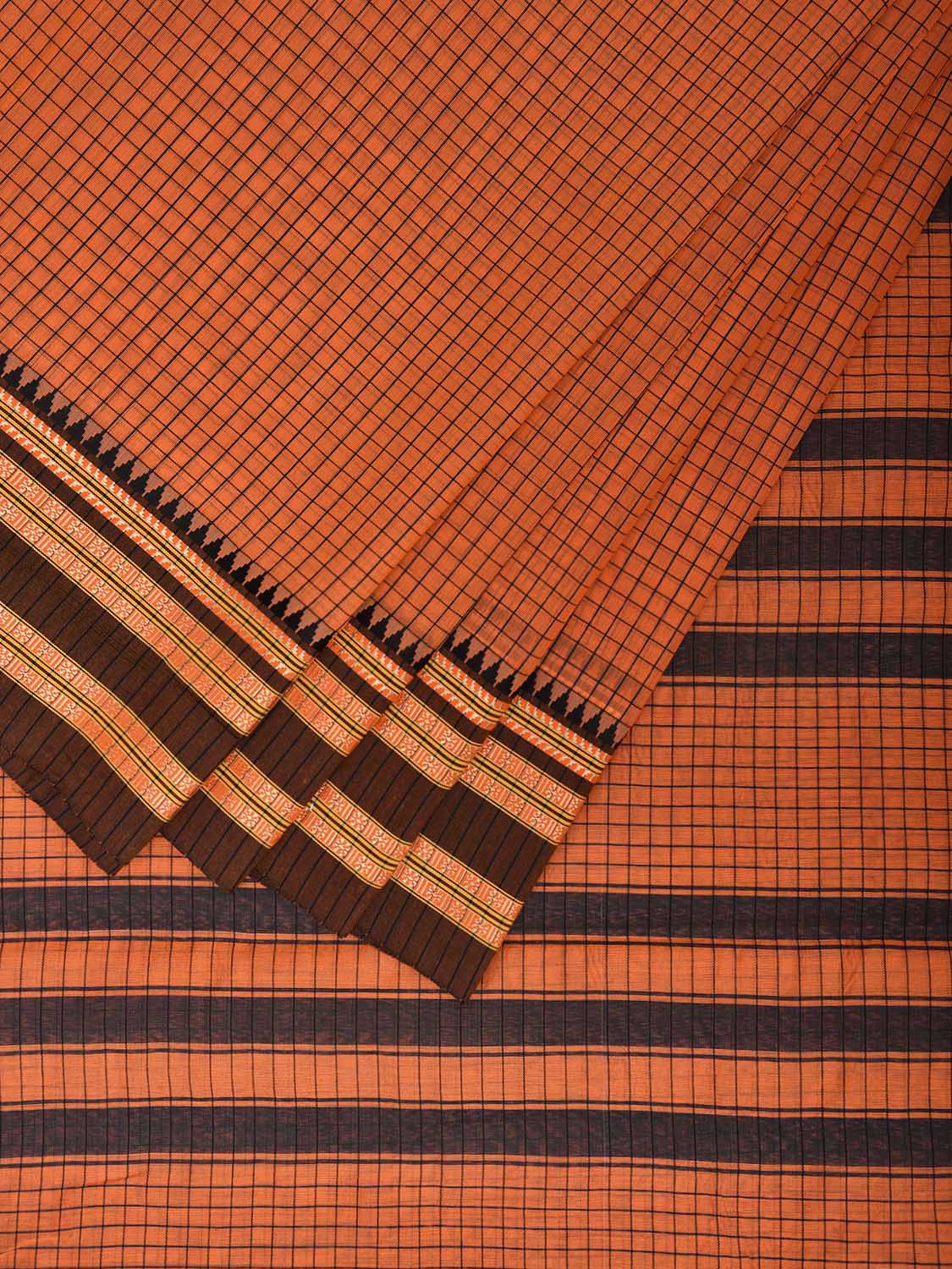 Orange and Black Bamboo Cotton Saree with Checks Design No Blouse bc0776