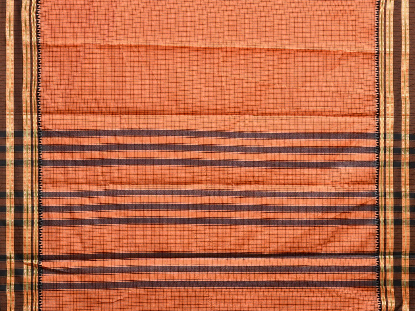 Orange and Black Bamboo Cotton Saree with Checks Design No Blouse bc0776