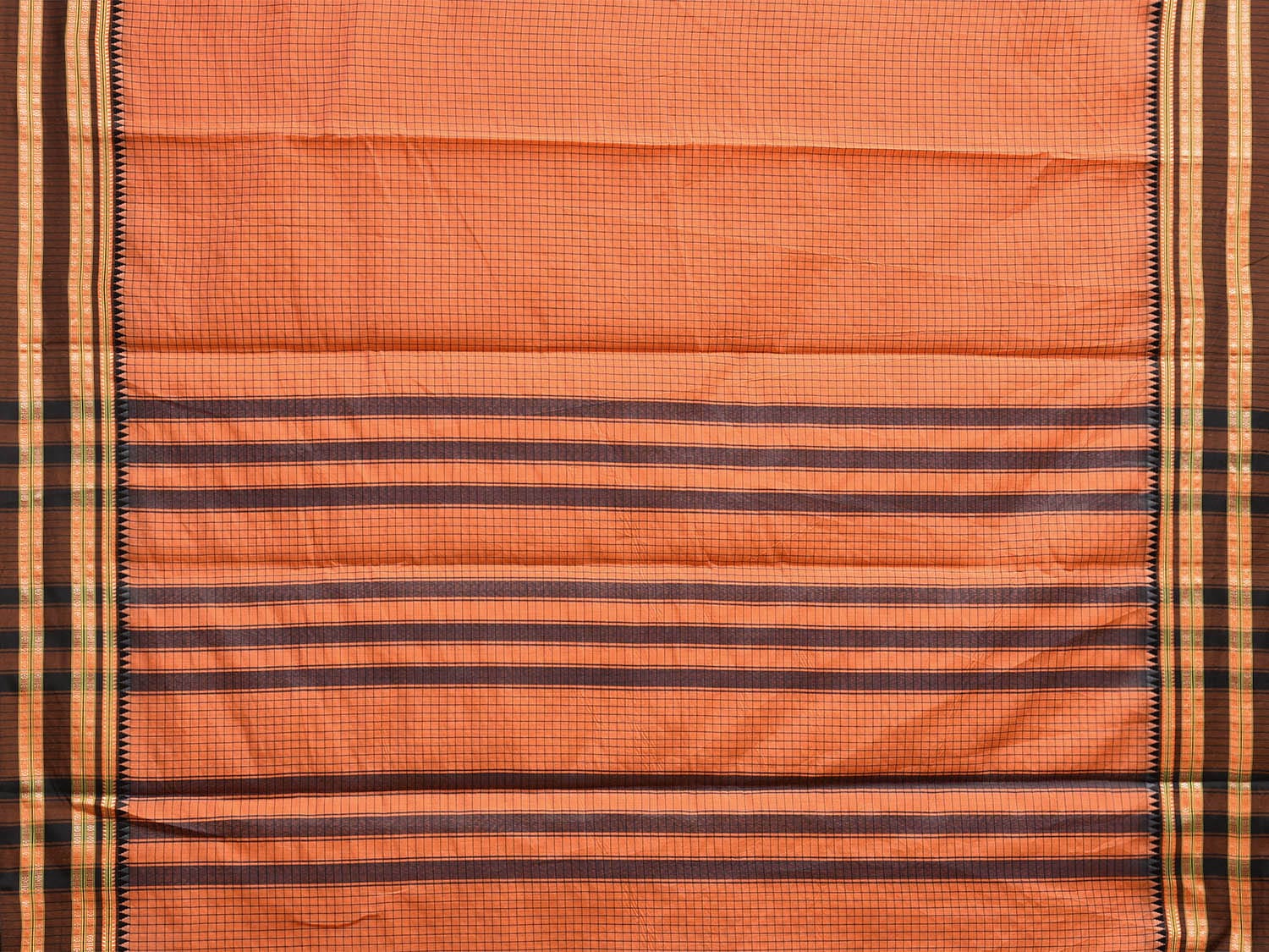 Orange and Black Bamboo Cotton Saree with Checks Design No Blouse bc0776