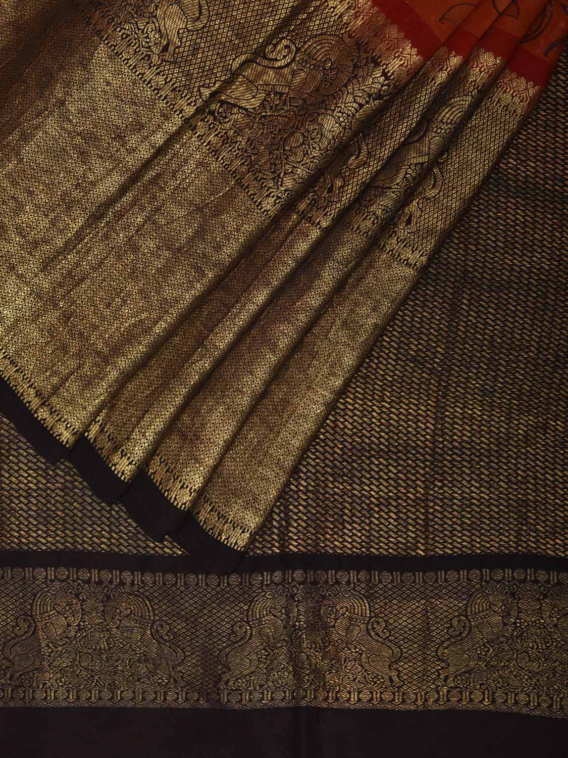 Orange and Black Kalamkari Hand Painted Kanchipuram Silk Handloom Saree with Floral Design KL0798