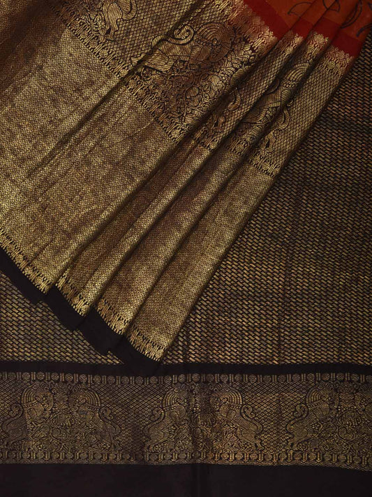 Orange and Black Kalamkari Hand Painted Kanchipuram Silk Handloom Saree with Floral Design KL0798