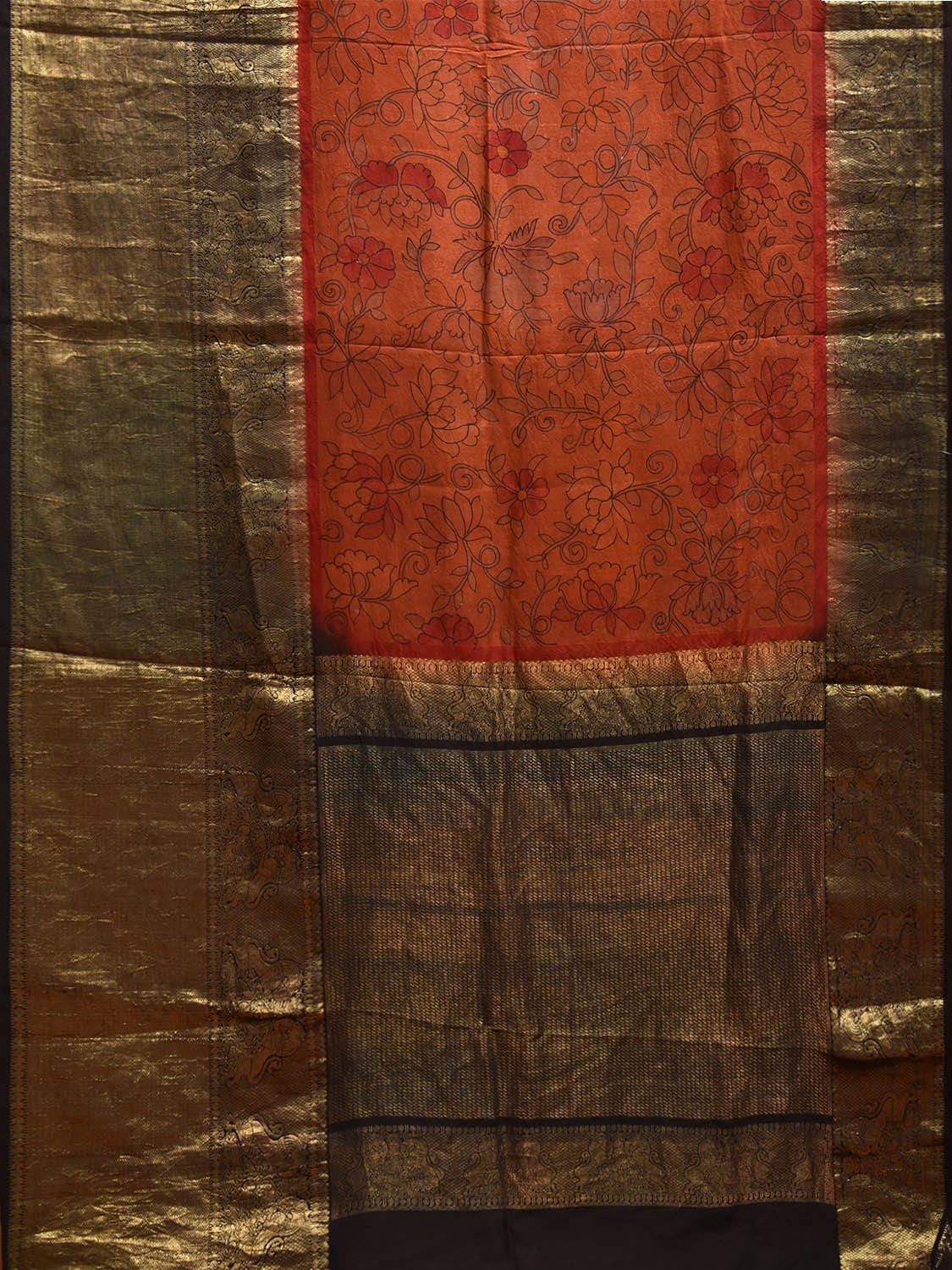 Orange and Black Kalamkari Hand Painted Kanchipuram Silk Handloom Saree with Floral Design KL0798