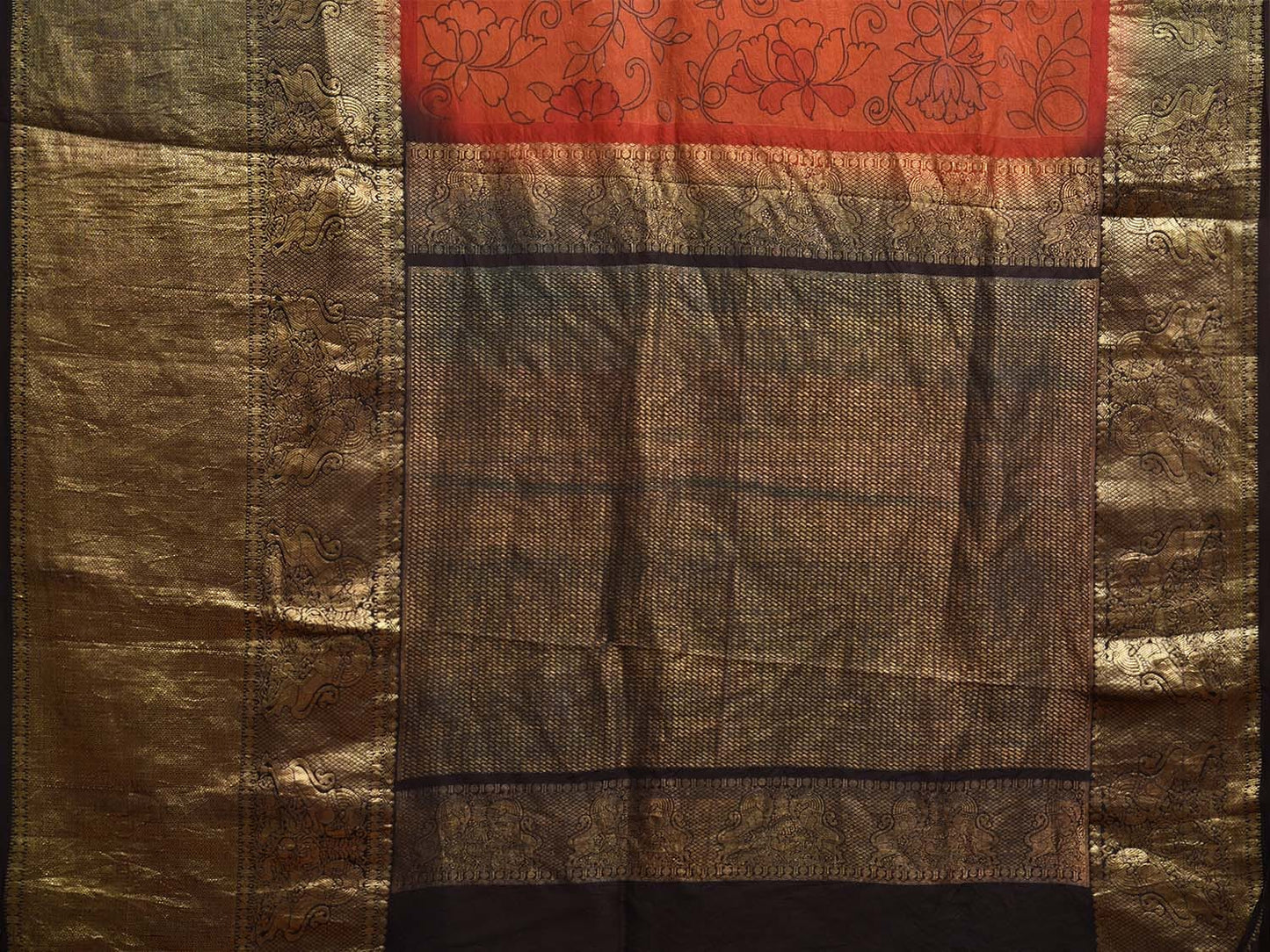 Orange and Black Kalamkari Hand Painted Kanchipuram Silk Handloom Saree with Floral Design KL0798