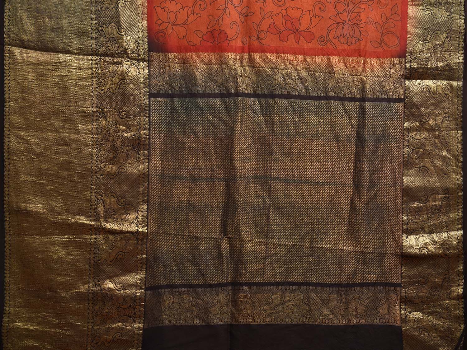 Orange and Black Kalamkari Hand Painted Kanchipuram Silk Handloom Saree with Floral Design KL0798