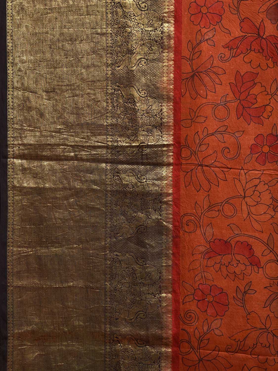 Orange and Black Kalamkari Hand Painted Kanchipuram Silk Handloom Saree with Floral Design KL0798