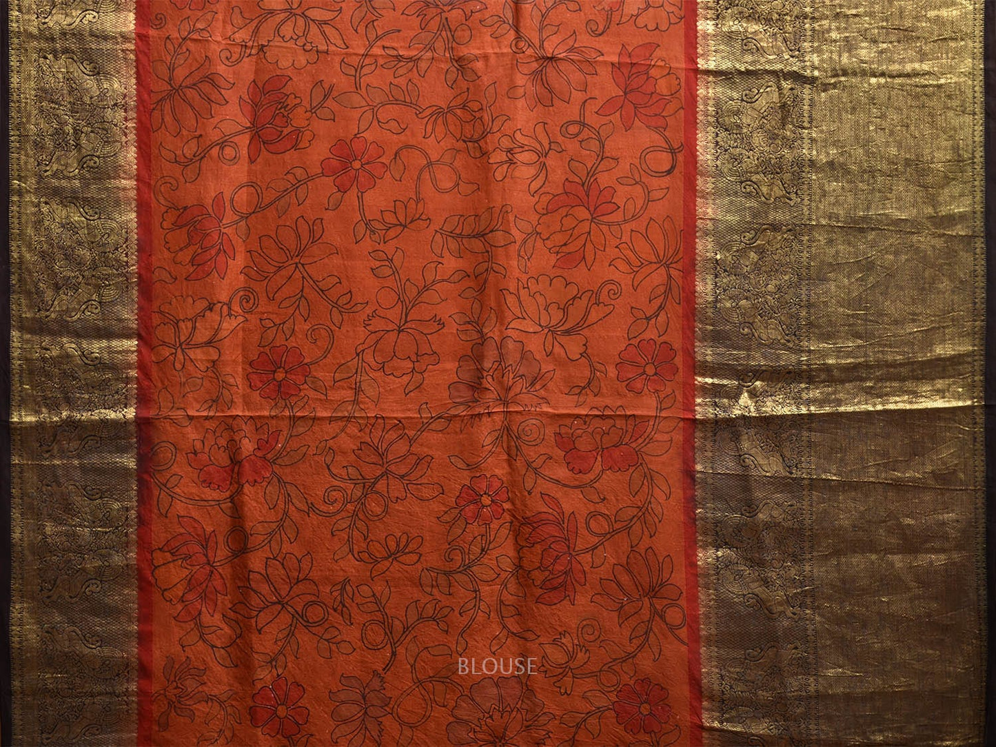 Orange and Black Kalamkari Hand Painted Kanchipuram Silk Handloom Saree with Floral Design KL0798