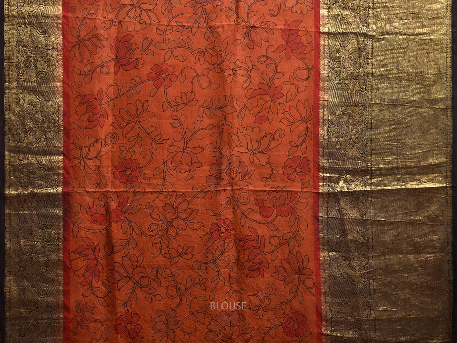 Orange and Black Kalamkari Hand Painted Kanchipuram Silk Handloom Saree with Floral Design KL0798