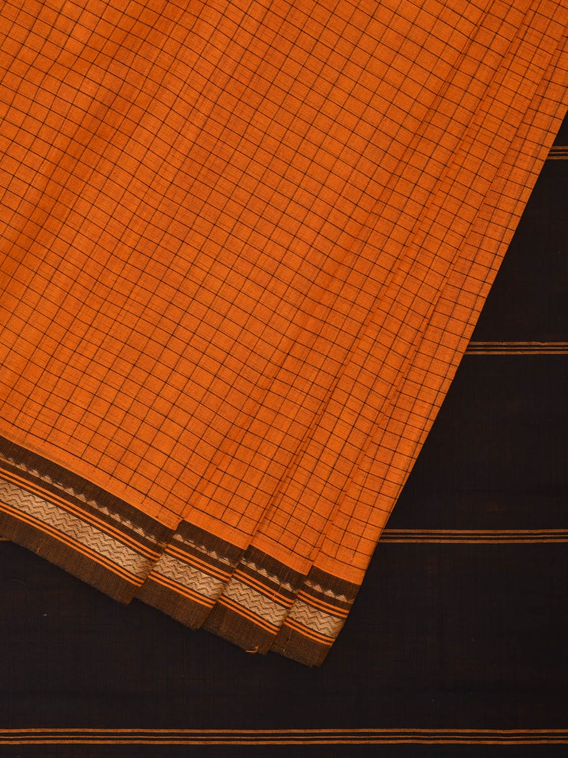 Orange and Black Kanchipuram Cotton Handloom Saree with Checks Design k0562