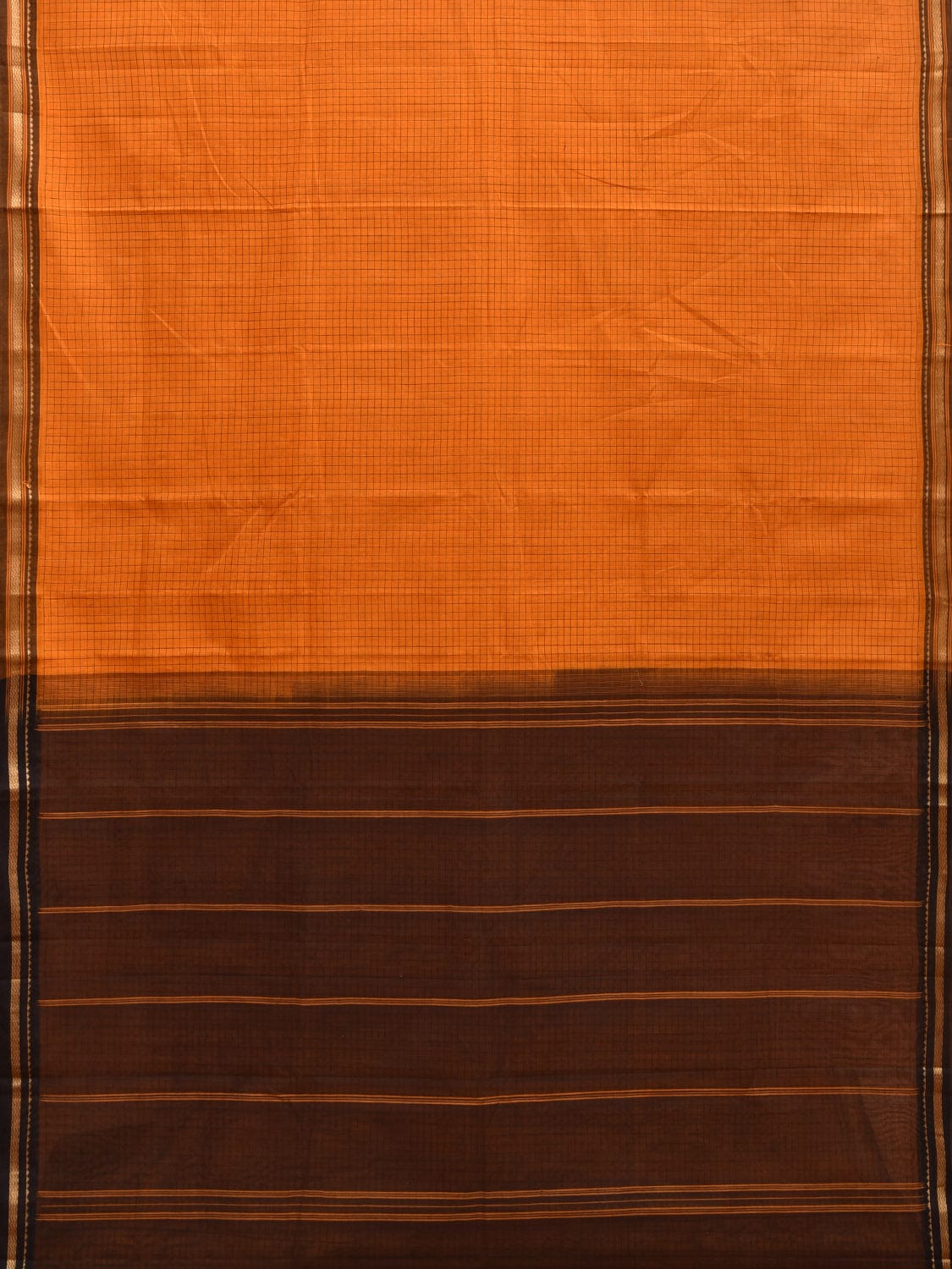 Orange and Black Kanchipuram Cotton Handloom Saree with Checks Design k0562