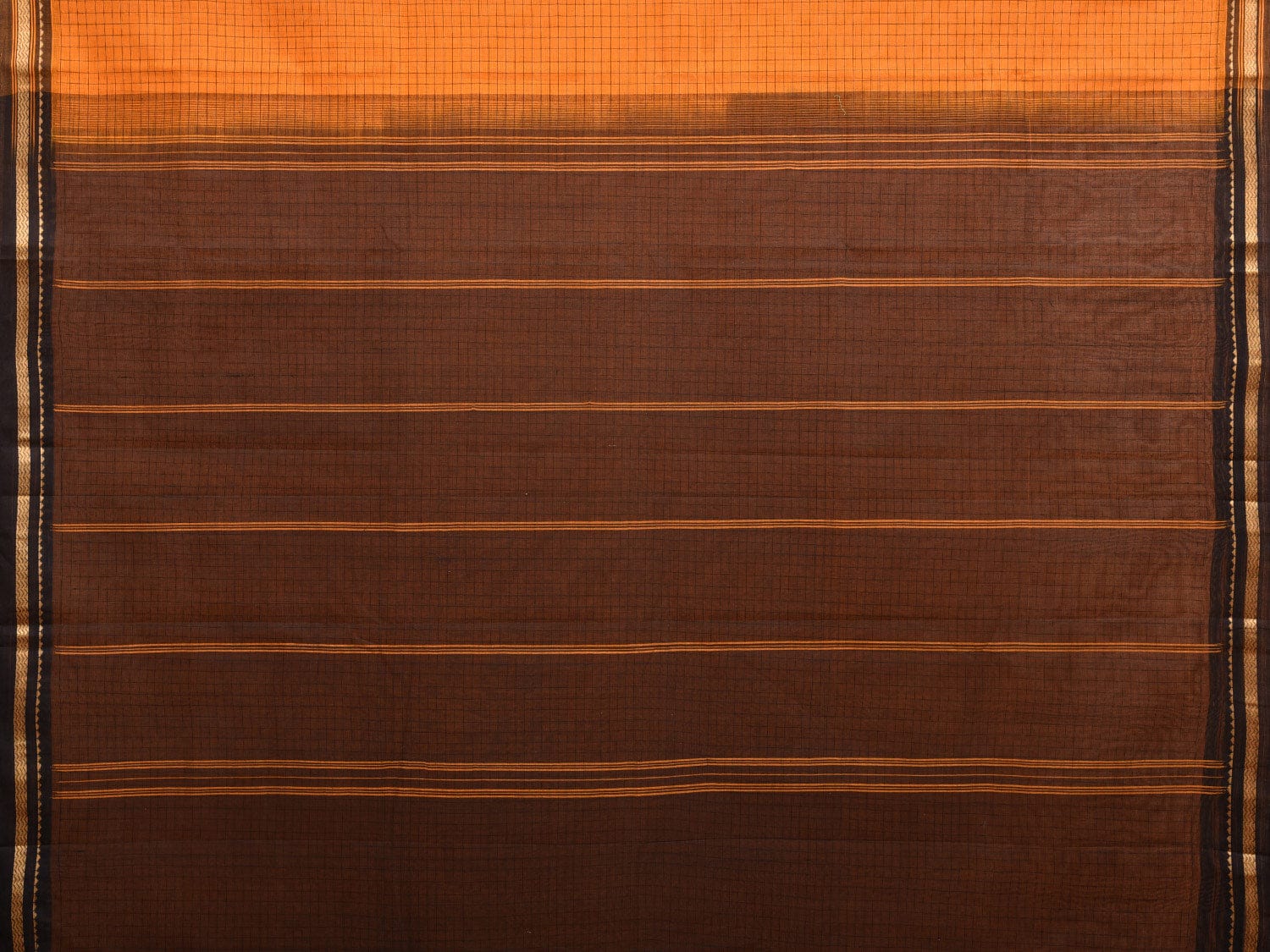 Orange and Black Kanchipuram Cotton Handloom Saree with Checks Design k0562