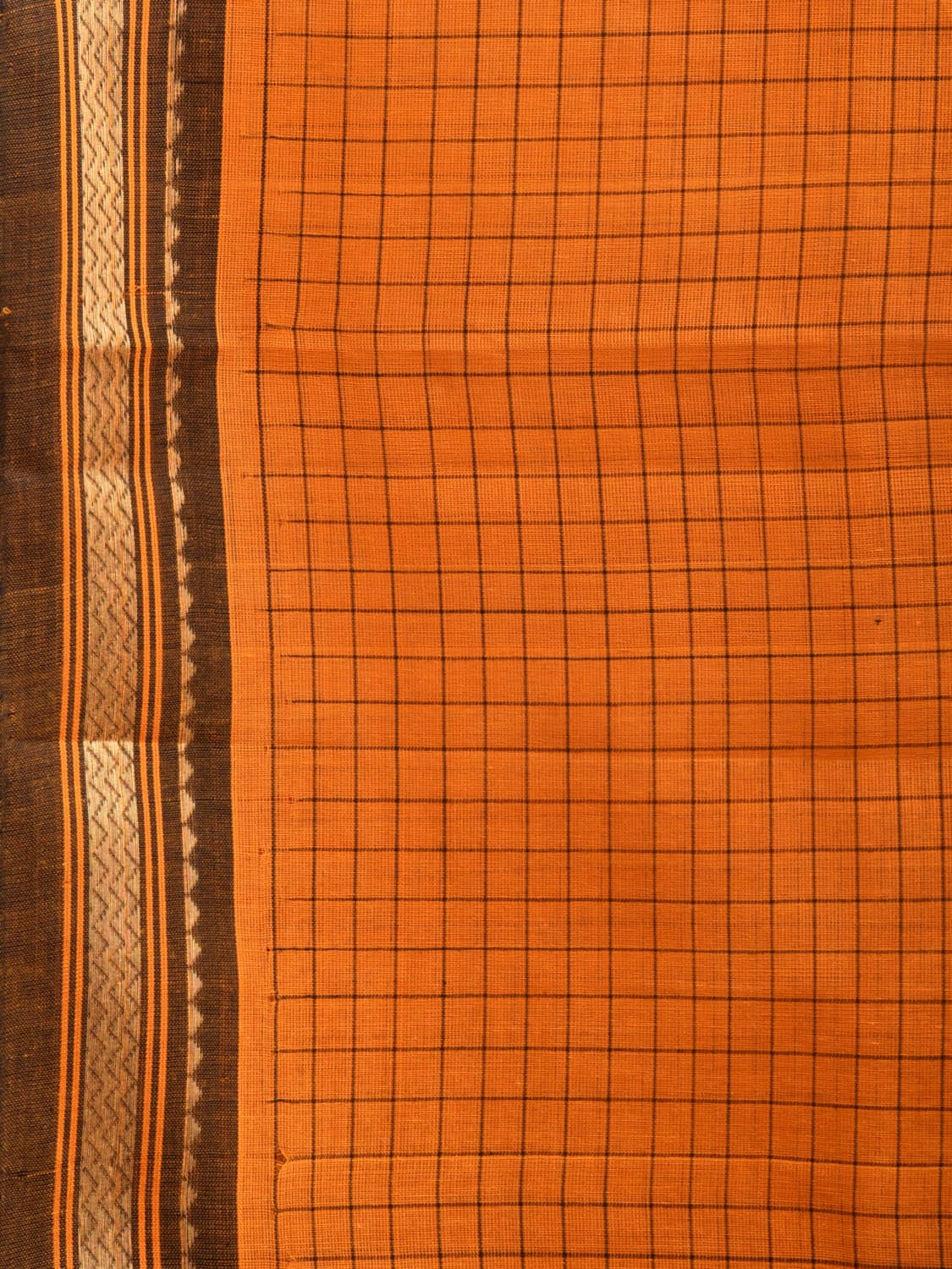 Orange and Black Kanchipuram Cotton Handloom Saree with Checks Design k0562