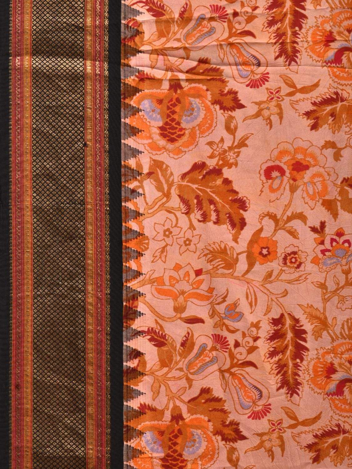 Orange and Black Kanchipuram Silk Handloom Saree with Floral Digital Print Design o0290