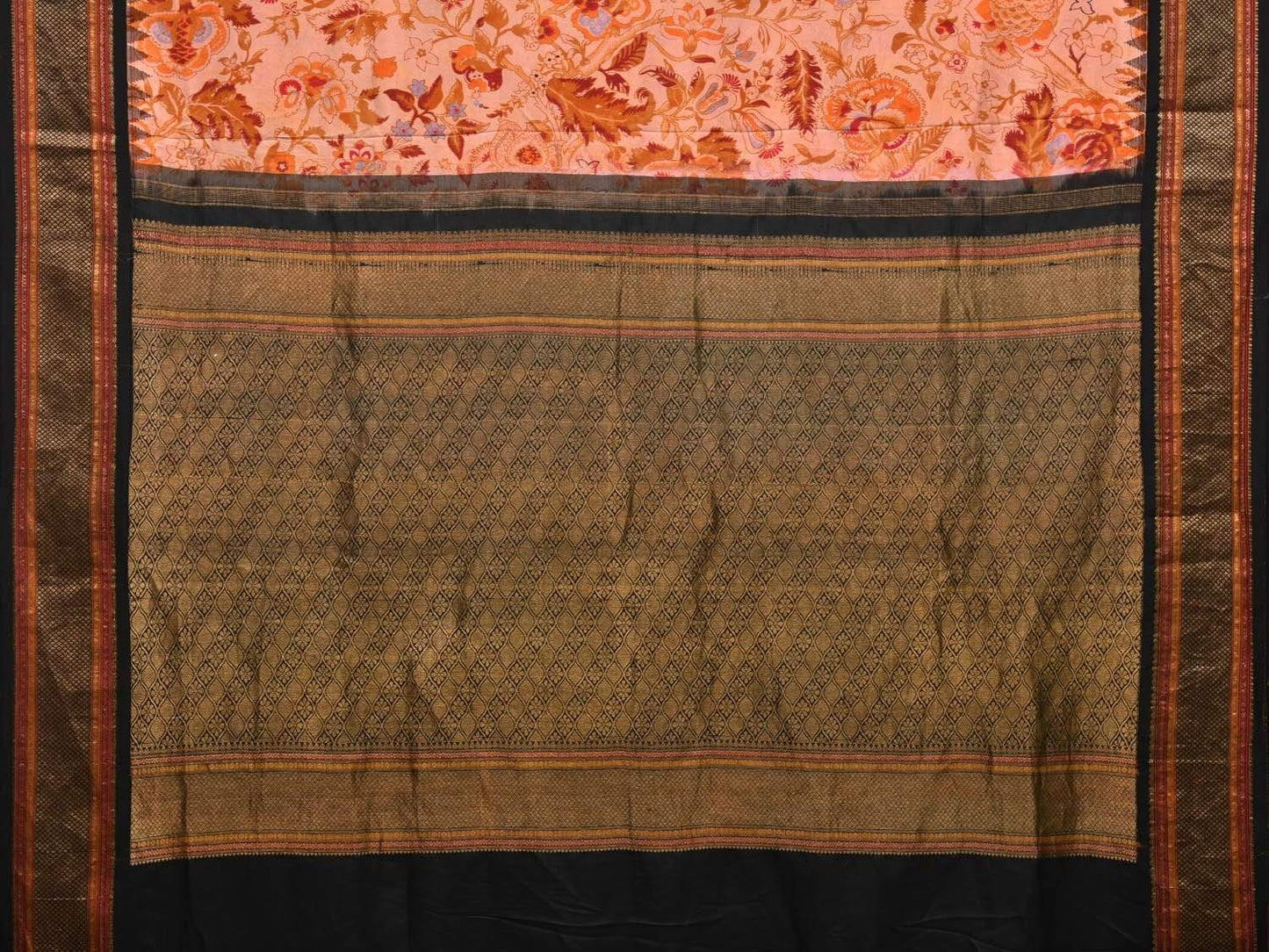 Orange and Black Kanchipuram Silk Handloom Saree with Floral Digital Print Design o0290