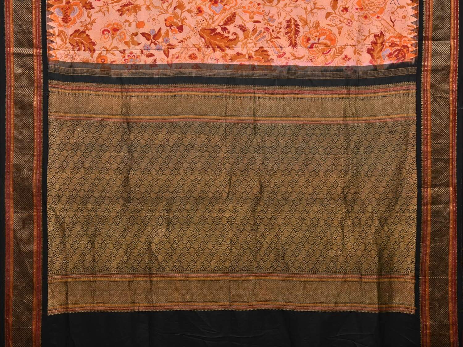 Orange and Black Kanchipuram Silk Handloom Saree with Floral Digital Print Design o0290
