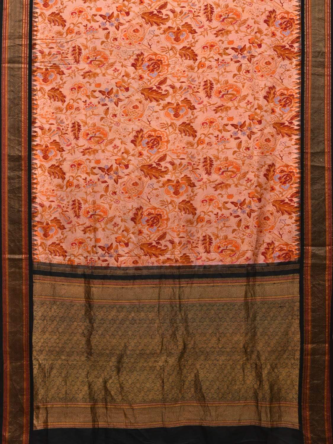 Orange and Black Kanchipuram Silk Handloom Saree with Floral Digital Print Design o0290
