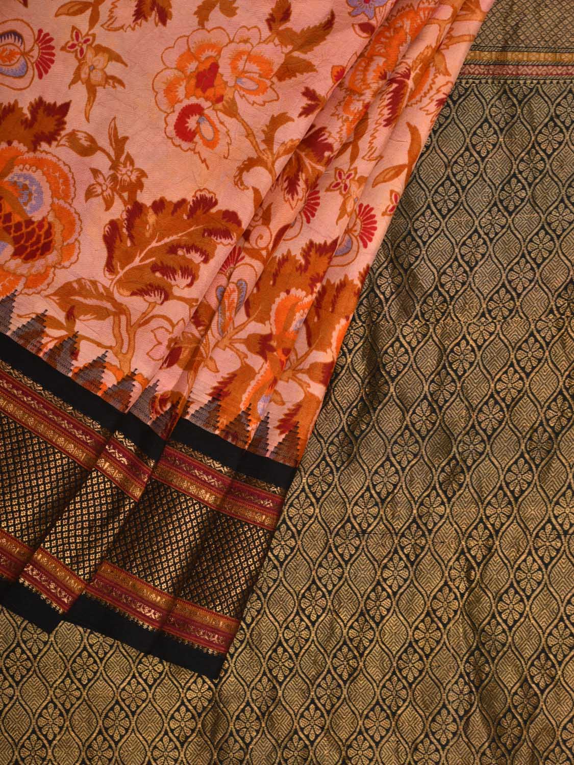 Orange and Black Kanchipuram Silk Handloom Saree with Floral Digital Print Design o0290