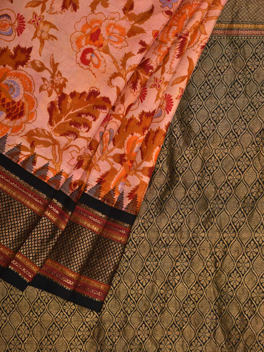 Orange and Black Kanchipuram Silk Handloom Saree with Floral Digital Print Design o0290