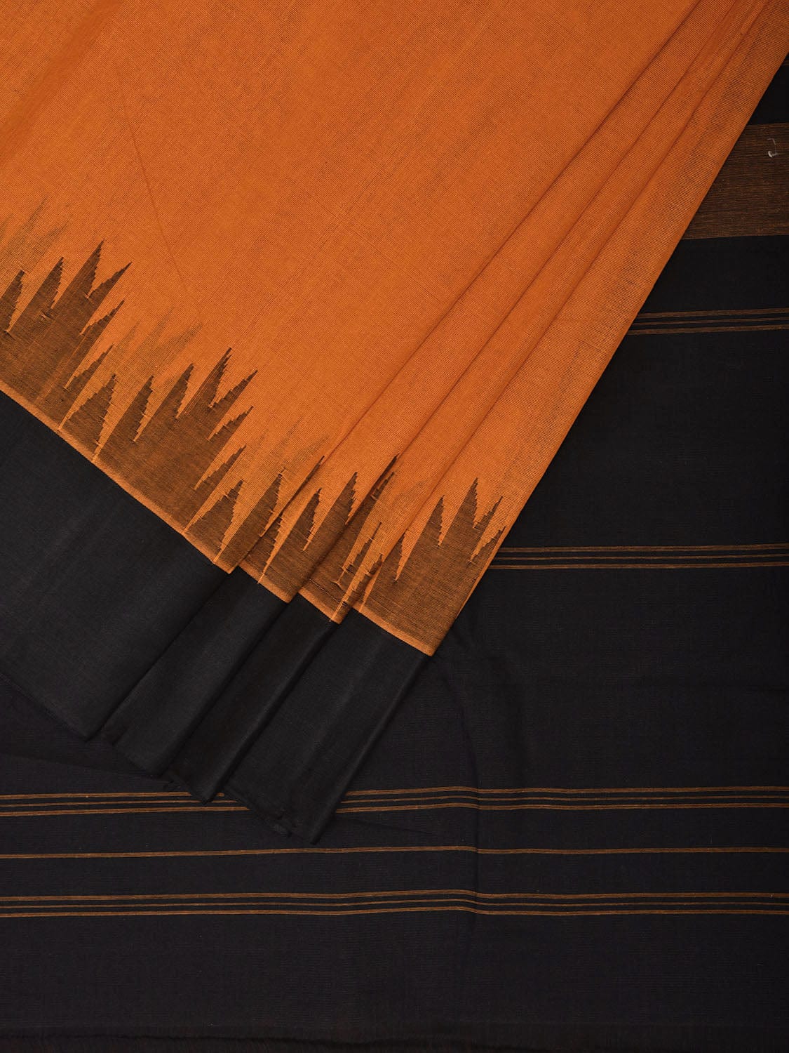 Orange and Black Khadi Cotton Handloom Saree with Ganga-Jamuna Big Temple Border kh0685