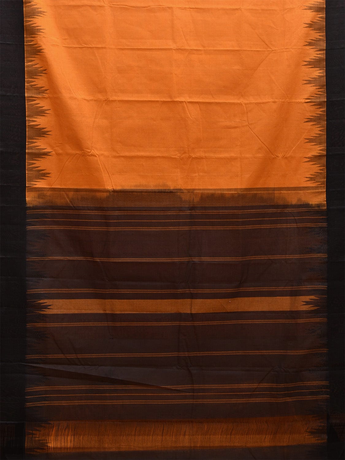 Orange and Black Khadi Cotton Handloom Saree with Ganga-Jamuna Big Temple Border kh0685