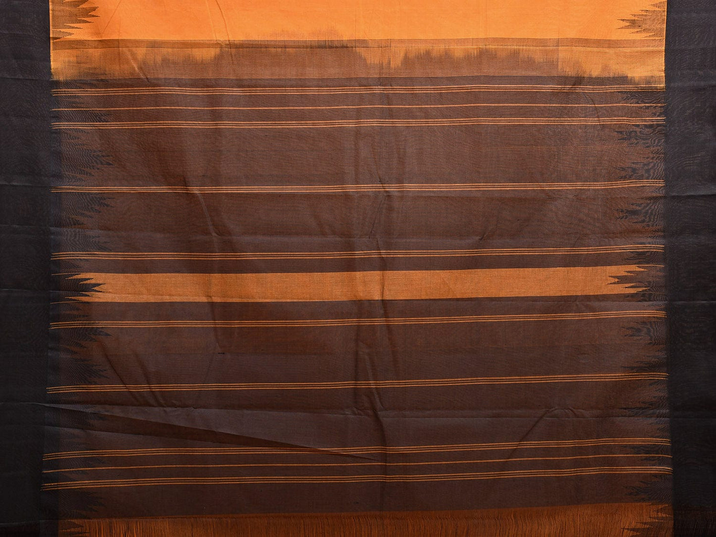 Orange and Black Khadi Cotton Handloom Saree with Ganga-Jamuna Big Temple Border kh0685